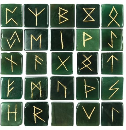 KULIA® Set de 25 piedras rúnicas de jade verde natural incluye símbolos Reiki y bolsa ideal para principiantes, equilibrio de chakras, rituales y regalos artesanales.
