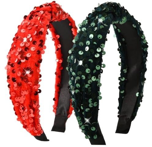 2Pcs Christmas Headbands Sparkly Knotted Headbands Red Green Glitter Christmas Hair Accessories for Women and Girls (Red and Green, One Size)