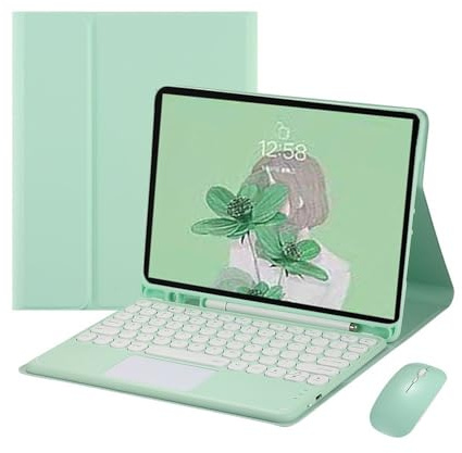 YSJX Abnehmbare Tastatur mit runden Tasten, PU+TPU-Leder-Standhülle, kompatibel mit iPad mini 6/7 8,3 Zoll(Mint+Touch Keyboard+Mouse)