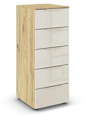 Rauch Möbel Flipp, Kommode, Farbe Glas Beige/Eiche Artisan, Breite 40 cm | Sideboard, 5 Schubladen, Glasfront, Soft-Close-Funktion, für Schlafzimmer, Gästezimmer, Wohnzimmer, Garderobe, Flur