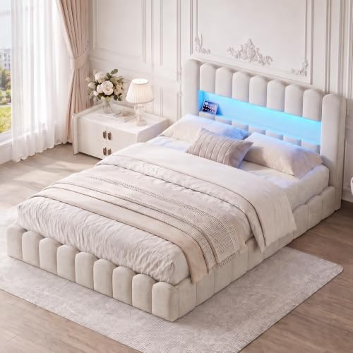 WOBOPCG Polsterbett Doppelbett 180x200,LED Doppelbett mit USB,Hydraulisch Stauraumbett mit Stauraum,Funktionsbett,Bett boxspringbett (Beige+Lin, 180x200)