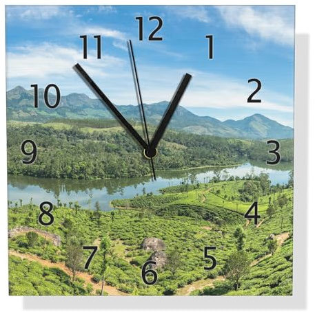 Wallario Design Wanduhr Flusstal inmitten grüner Hügellandschaft aus Aluverbund, Alu-Uhr Größe 30 x 30 cm, Schwarze Zeiger mit Metalloptik