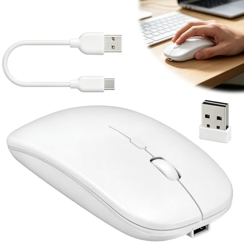 Wireless Bluetooth Mouse for Apple Macbook Pro/Air/Mac/iPad Rechargeale | Bluetooth 5.2+USB C+USB A Dual Mode 2.4GHz Optical DPI 800/1200/1600 LED Quiet Click for Laptop Chromebook Computer (White)