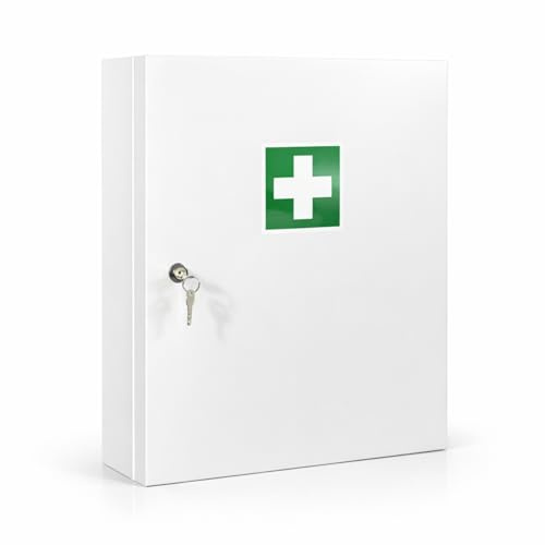 Verbandschrank D inkl. DIN 13157:2021 Füllung – Metall, spritzwasser & staubgeschützt mit Gummidichtung – 3 Innenfächer + 3 Türablagen – abschließbar – Wandmontage – 48,5 x 40 x 20 cm