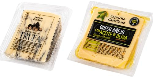 Lote 2 Cuñas Queso Artesano Gourmet Capricho Castellano | Queso Añejo de Mezcla con Aceite de Oliva Virgen Extra (Leche Cruda) + Queso de Oveja Curado con Trufa | 2 x 200 g | Tabla de Quesos y Regalo