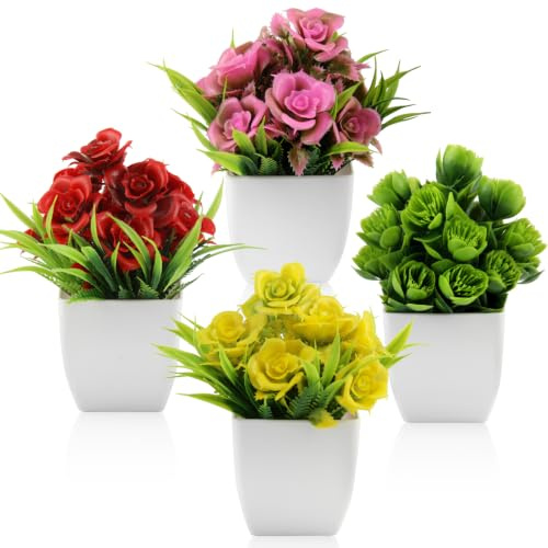 JINXIAN 4 Pcs Plantas Artificiales Decorativas Pequeñas 16cm Plástico Flore | con Macetas Fake Plants Duraderas para Cafeterías y Home Decoration Accesorios