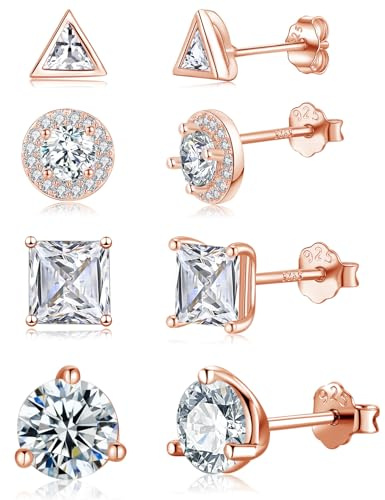 RoseJeopal 4 Pairs of Sterling Silver Studs for Multiple Piercing | 14K White Gold Earrings for Women Girls, Hypoallergenic Earring Sets for Sensitive Ear