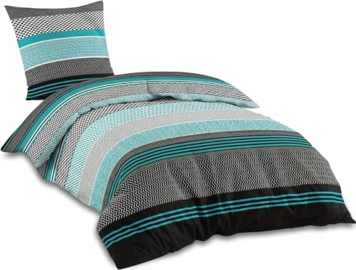 Sentidos Bettwäsche-Set 2-teilig Renforcé Baumwolle 135x 200 cm mit Reißverschluss Bett-Bezug, 80x80 cm Kissen-Bezug Bett-Garnitur Türkis schwarz weiß (135x200 cm + 80x80 cm)