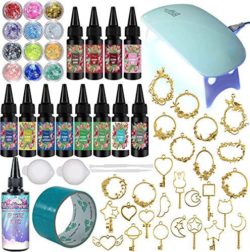 musykrafties UV Harz Set Anhänger mit UV- Lampe geometrische Rahmen Harzband Mischbecher Schmuck Ohrringe Halskette 58er Set