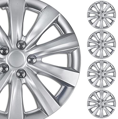 BDK 16 Inch Hubcaps Set of 4 - OEM Replacement Snap-On Wheel Rim Covers - Universal Fit Car Wheel Cover for Cars, Trucks, SUV, Vans Durable ABS Silver 10-Spoke Hub-Cap Car Accessories Exterior