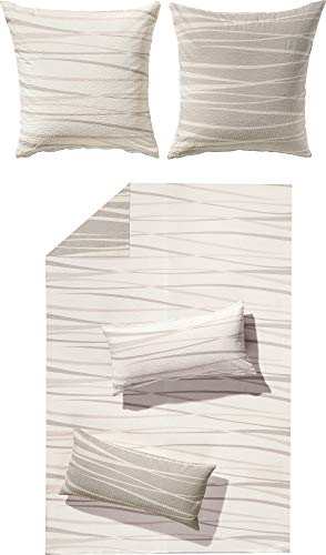 Erwin Müller Wende-Bettwäsche, Bettgarnitur, Winter-Seersucker, Wellenmuster beige, Größe 200x220 cm (2X 40x80 cm) - pflegeleicht, schnell trocknend, bügelfrei, Dank praktischem Reißverschluss leicht