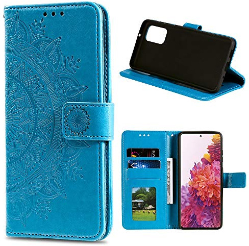 CoverKingz Handy Cover kompatibel mit Samsung Galaxy S20 FE [6,5 Zoll] - Handyschutz mit Kartenfach Klapphülle - Bookcase Hülle aufklappbar Motiv Mandala Blau