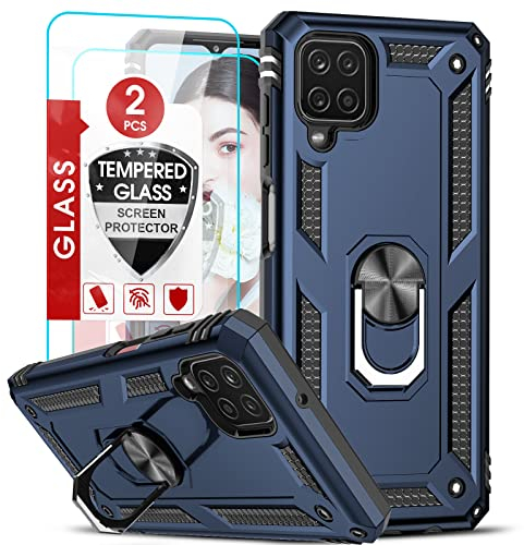 LeYi for Samsung Galaxy A12 Case and 2 Tempered Glass Screen Protector,Ring Holder Military Grade Protective Silicone Shockproof Tough Armor Hard Mobile Phone Cover for Samsung Galaxy A12 Blue