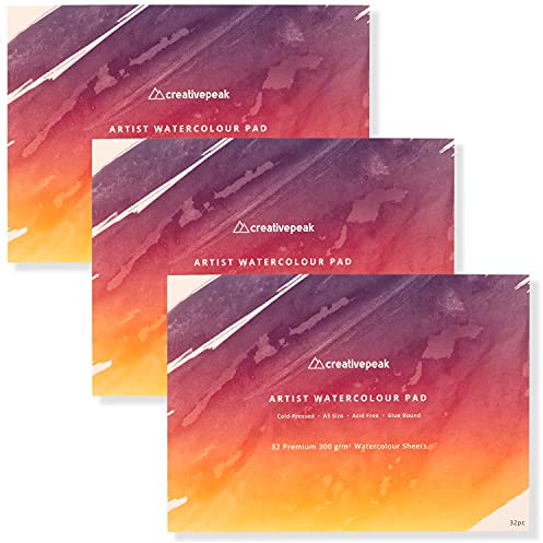 Aquarellpapier-Malblock (96 Blatt, A5-Format (14,8 x 21 cm), 3er-Pack) – Premium 300 g/m² dickes, professionelles Mixed-Media-Skizzenbuch – von CreativePeak