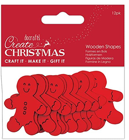 Create Christmas Wooden Shapes, Gingerbread Men, Red, Pack of 12, Suitable for Home, Wood Paint, Wooden Toys and Card Craft, Ideal for Christmas Decorations and Card Making Supplies