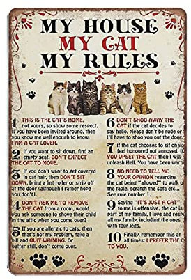 Dreacoss My House My Cat My Rules Tin Signs-cat Smoke Retro Funny Metal Sign Vintage Poster Wall Art for Kitchen Garden Bathroom Farm Home Coffee Decor Tin Sign, 20x30 cm