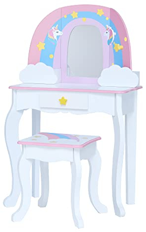 Teamson Kids Little Dreamer Rainbow Unicorn Play Vanity Set with Rainbow-Shaped Mirror Frame, Cloud-Shaped Storage Drawers, and Stool, White with Pink, Blue and Lilac Rainbow Accents