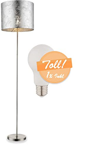 bmf-versand Stehleuchte elegant mit Leuchtmittel - Stehlampe stilvoll aus Textil Kunststoff – Lampenschirm silber metallic – Lampe schlicht mit Schalter Höhe 160 cm