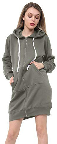 WOMEN LADIES GIRLS LONG HOODIE ZIPPER FLEECE WARM JACKET STYLISH WITH POCKET SWEATSHIRT CASUAL JUMPER TOP DRESSES S-3XL (XXXL 24-26, LONG HOODIE KHAKI)
