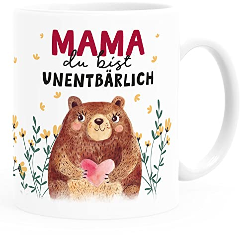 SpecialMe® Kaffee-Tasse Muttertag lustig Spruch Mama du bist unentbärlich Bär Geschenk Geburtstag Mutter Uni-Weiß Keramik-Tasse