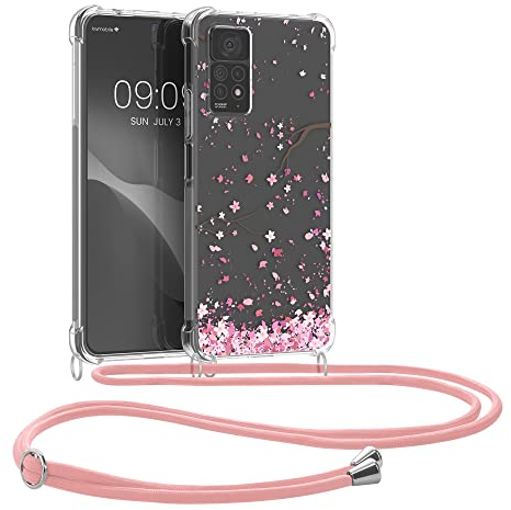 kwmobile Necklace Case kompatibel mit Xiaomi Redmi Note 11 Pro/Note 11 Pro (5G) / Note 12 Pro (4G) Hülle - Silikon Cover mit Handykette - Rosa Dunkelbraun Transparent Kirschblütenblätter