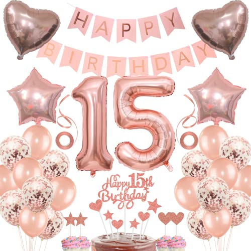 Décoration Gâteau pour anniversaire fille 15 ans, ballons et cadeaux rose
