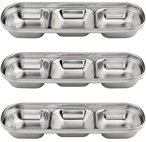 CHWAIKA 3pcs Stainless Steel Divided Dipping Bowls for Soy Sauce, Ketchup, Seasoning, Sushi (3 Grid)
