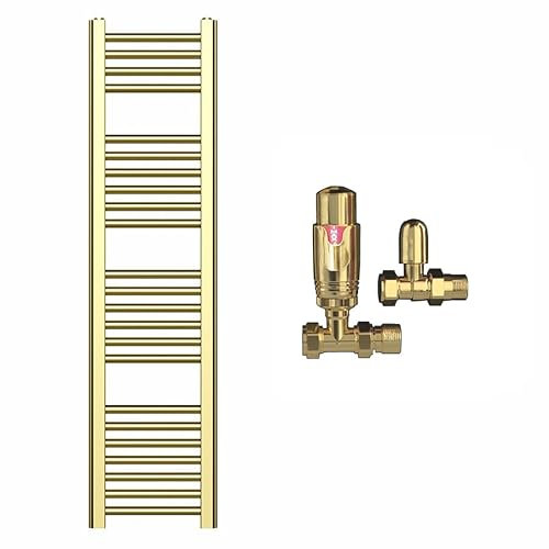 Myhomeware 300mm Wide Gold Heated Bathroom Towel Rail Radiator With Valves For Central Heating UK (With TRV Valves, 300 x 1200 mm (h))