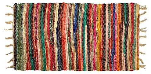Home Tresor - Tappeto Etnico, Stuoia Multicolore a Striscie, Tappeto Indiano Chindi Fatto a Mano, Passatoia in Cotone con Nappe e Frange Ecosostenibile Materiali Riciclati Reversibile (50 x 180 cm)