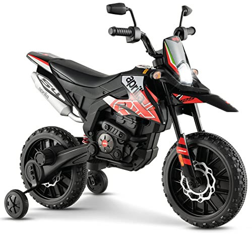GYMAX Kids Electric Motorbike, 12V Aprilia Licensed Battery Powered Ride on Motorcycle with Training Wheels, Music, USB, Wireless Function & light, Dirt Motor Bike for 3 Years Old+ (Red+Black)