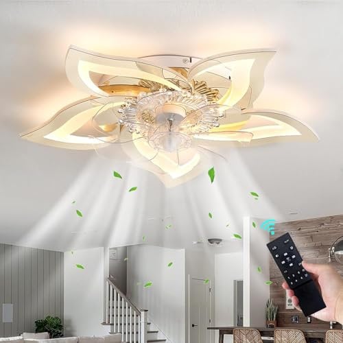 YUNZI 69CM Flower Chrome Ceiling Fan with Light and Remote Control Mute Ceiling Light with Fan Reversible DC Motor 6 Wind Speed for Bedroom Living Room LED Dimmable Chandelier Fan-Gold