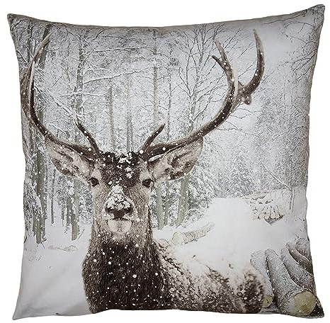 Clayre & Eef Kissenbezug 45x45 cm Braun Weiß Polyester Hirsch Dekokissenbezug