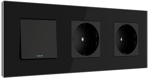 PULSAR Steckdose Doppelt mit Wechselschalter 3-Fach Glas Schwarz - Lichtschalter Unterputz mit Doppel Schutzkontakt-Steckdose mit Kindersicherung 16A 250V