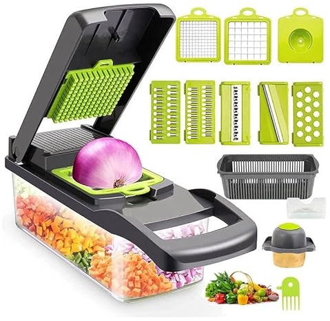 Hachoir à légumes 12 en 1, Mandoline multifonctionnelle, trancheuse à légumes, pommes de terre, oignons, hachoir alimentaire, hachoir à légumes avec passoire, panier, dés, hachoir, coupe-légumes