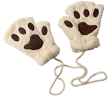 Niedliche Katze Klaue Pfote Plüschwarme Fingerlose Handschuhe - Kawaii Cosplay Kunstpelz Warm für Winter - Halbfingerhandschuhe für Mädchen Frauen (Beige, One Size)