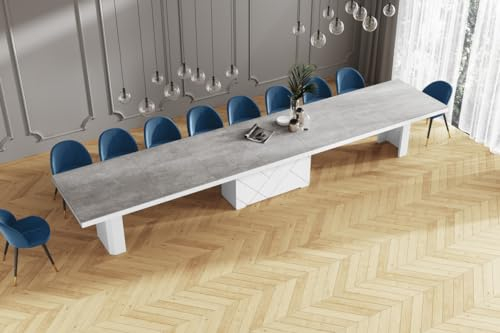 designimpex Design Esstisch HEK-111 Beton/Weiß Hochglanz ausziehbar XXL 180 cm bis 468 cm Esszimmertisch für 16 Personen Kitchentable Funktionstisch Ausziehtisch Esszimmer Tisch Esszimmermöbel