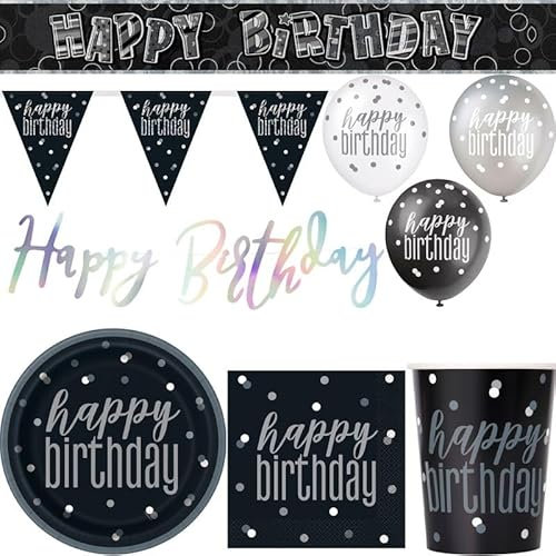 Birthday Party Set Black Silver 33-Piece Party Tableware Plates Cups Napkins Party Decoration