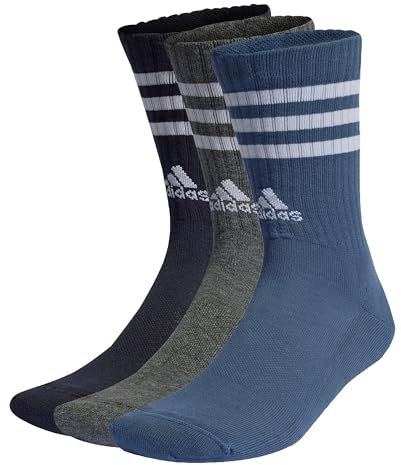 adidas Unisex 3-Stripes Cushioned Crew Socks 3 Pairs, Legend Ink/Preloved Ink S24 / Dark Grey Heather, 10.5-12.5