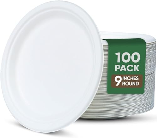 Disposable Plates for Hot Food 100Pcs Heavy Duty Reusable Sturdy Takeaway Bagasse Sugar Cane Biodegradable & Compostable Strong for Weddings Christmas Paper Plates (9Inches)