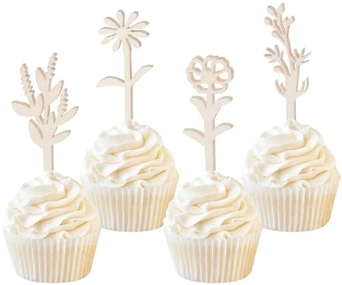 Sursurprise Wildblumen-Party-Dekorationen, 16 Stück Wildblumen-Cupcake-Topper aus Holz für Wildblumen, Babyparty, Wildblumen, Geburtstag, Frühling, Sommer, Blumen-Partyzubehör