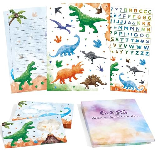 Kinder-Schreibwarenset Dinosaurier Jungen Schreibwarenset Teenager Dino Briefpapierset Dinosaurier Briefpapierset Briefpapierblätter mit Umschlägen, Dinosaurieraufkleber Dinosaurier