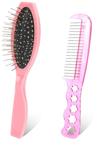 Hair Extension Brushes, 2 Pieces Wig Brush for Synthetic Wigs, Portable Metal Wire Wet Hair Comb, Professional Stainless Steel Teeth for Women Girls Human Hair, Pink