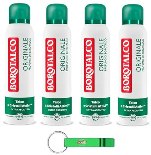 4x Borotalco Deodorante Deo Spray Originale,Dreifacher Schutz vor Schweiß und extra Trocken Effekt,150ml + Beni Culinari Kostenloser Schlüsselanhänger