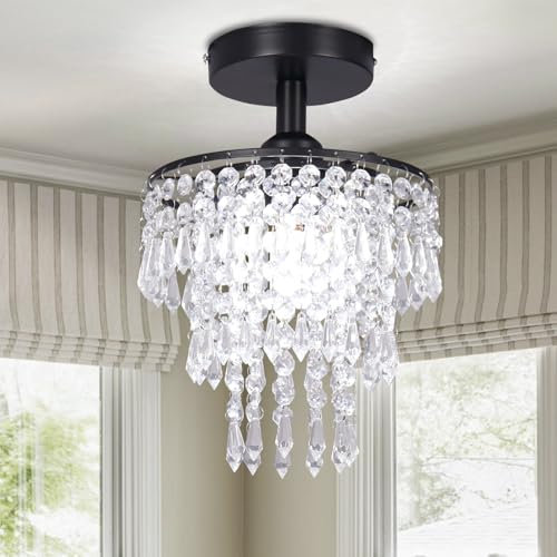 FRIXCHUR Mini Größe Kristall Kronleuchter Moderne Unterputz Deckenleuchte 3-Stufen Regentropfen Kristall Anhänger Beleuchtung Dekoration für Schlafzimmer Flur Wohnzimmer, E27 Basis, Black