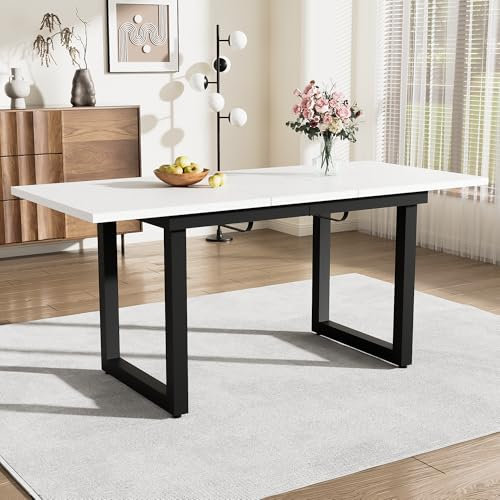 Industriestil Esstisch Küchentisch Ausziehbar mit MDF Desktop und Schwarz Metallbeine, Rechteckiger Großer Tisch Esszimmertisch Holztisch Speisetisch Für 4-6 Personen, 140-180 × 80 × 75cm (Weiß)