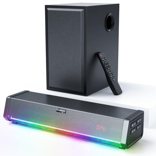 Smalody TV-Lautsprecher, Bluetooth-fähig/optisch/AUX/koaxiale Eingänge/Fernbedienung, Heimkino-Lautsprecher, kabelloser Audio-Soundbar-TV-Lautsprecher + Bass-Subwoofer