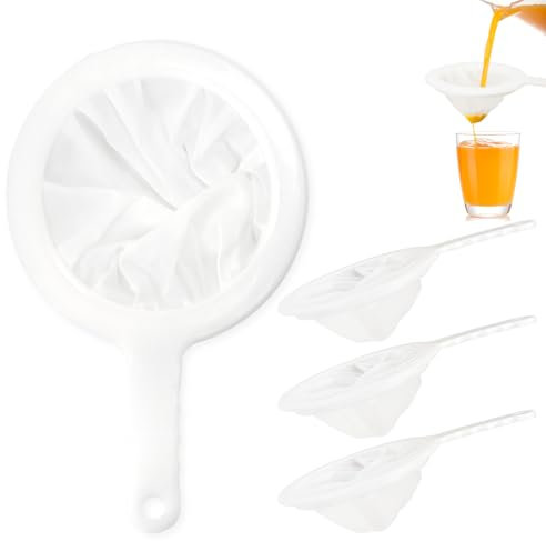 Behiruch 4 Piezas Colador de Cocina, 100/200/300/400 Filtro de Tela Malla de Nailon Fino Ultrafino, Plastico Para kefir con Mango, Pequeño Para Filtrar Aceites,cafe,Jugo,Vino,Leche