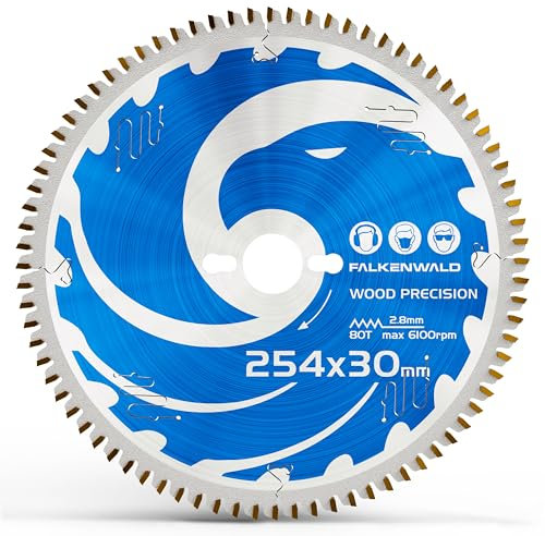 FALKENWALD ® Sägeblatt 254x30 Holz Precision - 254x30 Kreissägeblatt mit 80 HM Zähnen - Kompatibel mit Bosch GTS 10 XC, PTS 10 Tischkreissäge & Metabo Kappsäge KGS 254 M - Kreissägeblatt 254 x 30