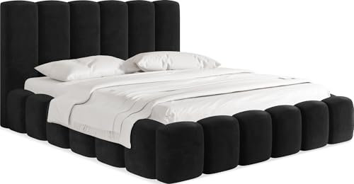 WFL GROUP Polsterbett 200x200 mit Bettkasten & Lattenrost – Schwarz Bett hohem Kopfteil, Boucle/Samt - Doppelbett Stauraum – Bettgestell ohne Matratze – Serenity - Schwarz