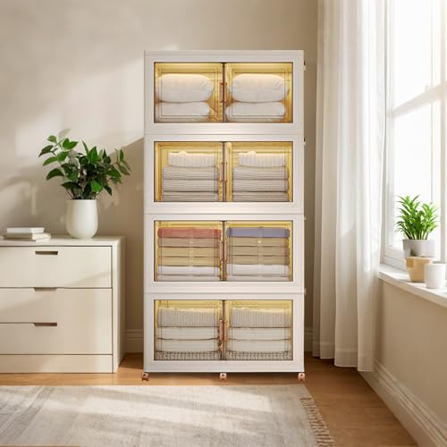 Hapihom Storage Boxes with Lids, 80L* 4 Packs Large Capacity Stackable Storage Boxes, PP Collapsible Bin with Doors & Wheels, Cabinet Organizer for Home Office Organizing - 85cm